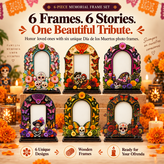 💀 DAY OF THE DEAD DECOR | 6 Wooden Memorial Photo Frames – Colorful Ofrenda Picture Frame Set with Floral Details