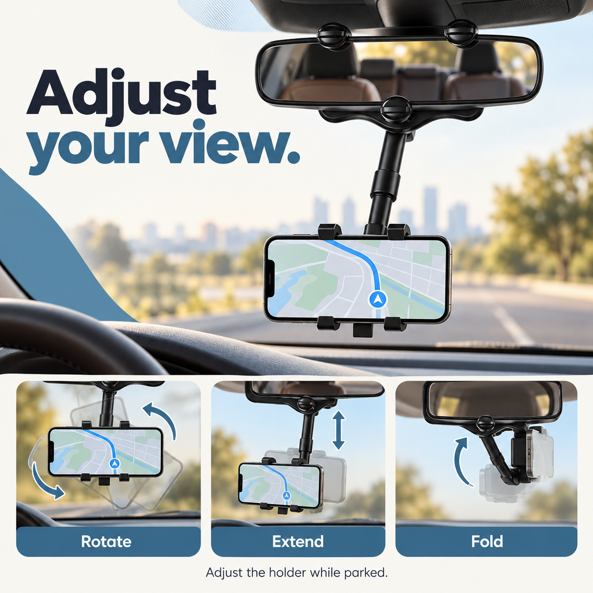Rotating & Extendable Rearview Mirror Phone Holder