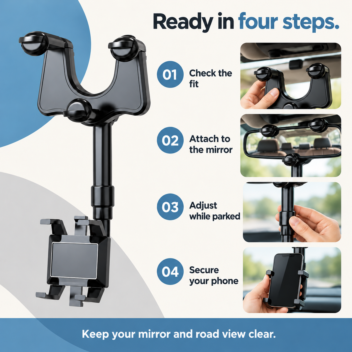 Rotating & Extendable Rearview Mirror Phone Holder
