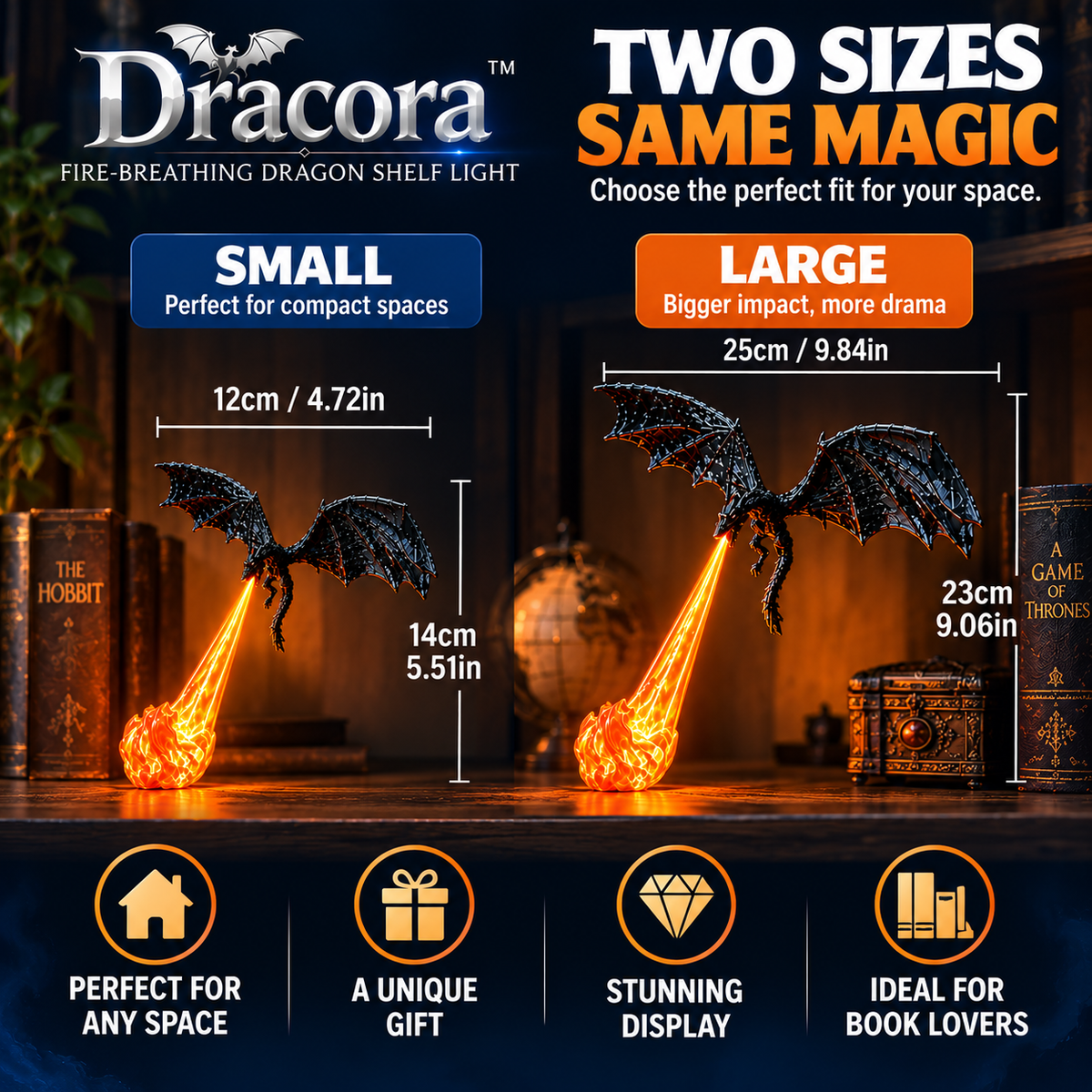 3D Printed Fire-Breathing Dragon Lamp – Magical Bookshelf Nook Decor Light