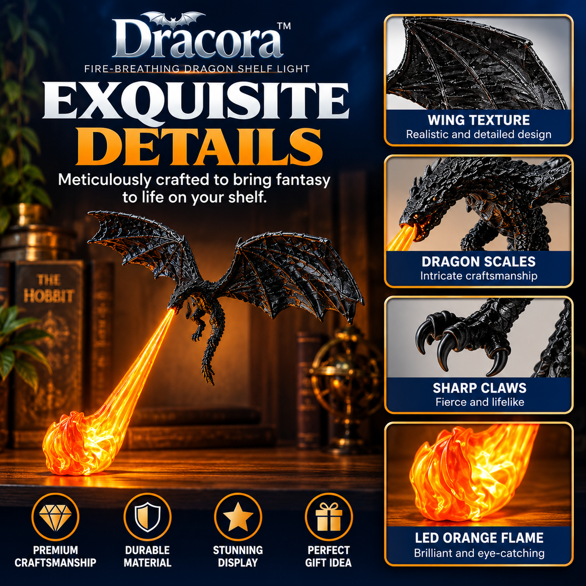 3D Printed Fire-Breathing Dragon Lamp – Magical Bookshelf Nook Decor Light