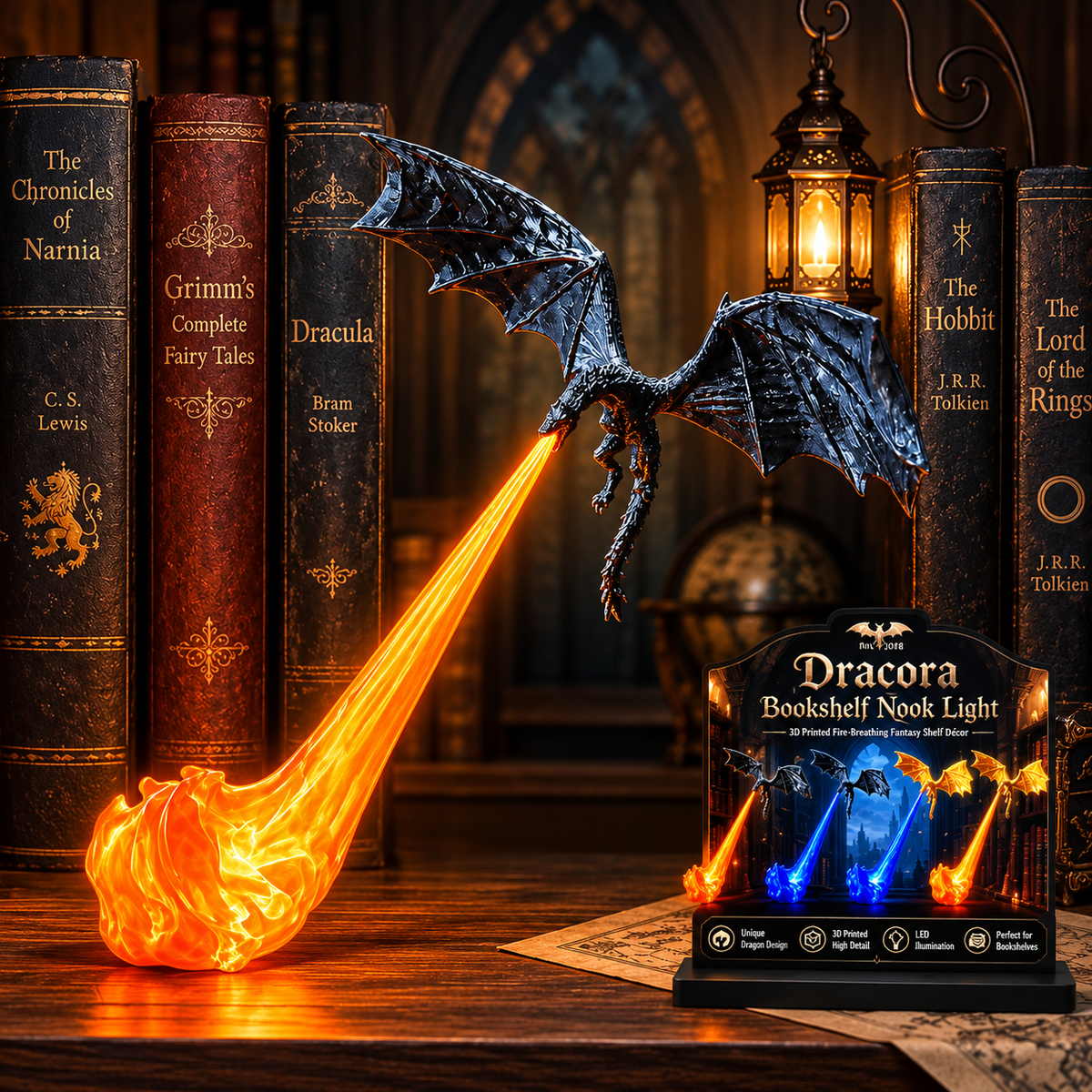 3D Printed Fire-Breathing Dragon Lamp – Magical Bookshelf Nook Decor Light