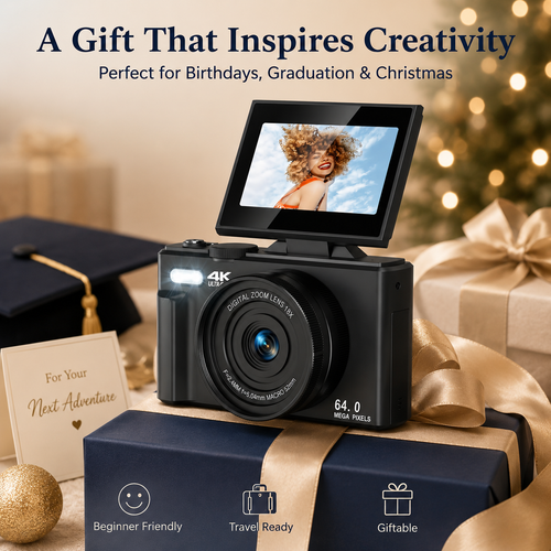 📸 4K 64MP Vlogging Camera with 180° Flip Screen & WiFi