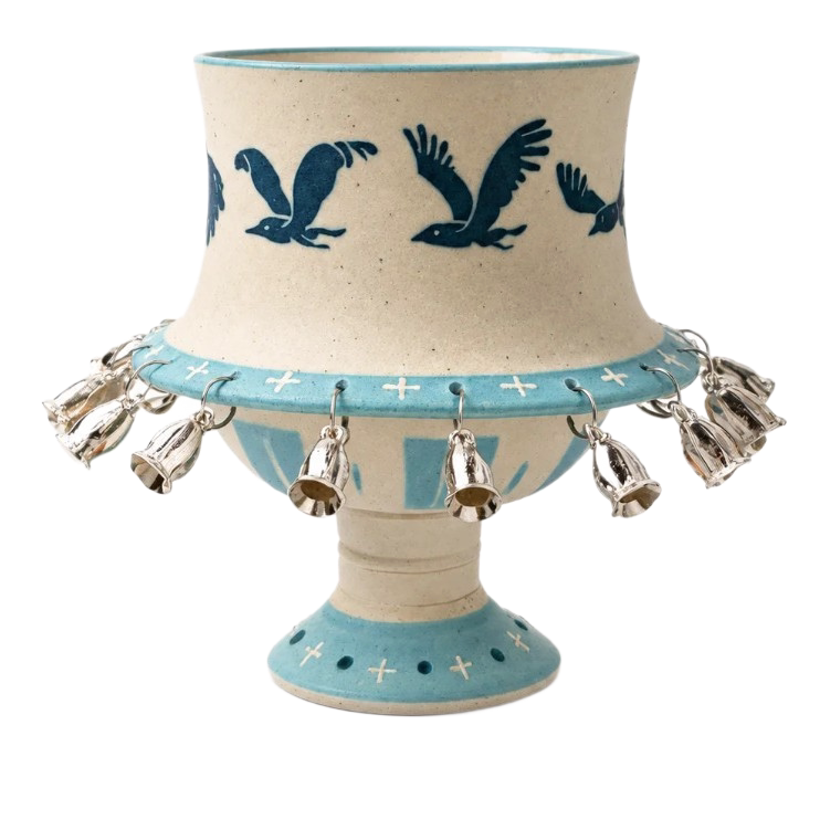 Hand-Stamped Bird Rotating Ceramic Chalice with Dangling Silver Bells