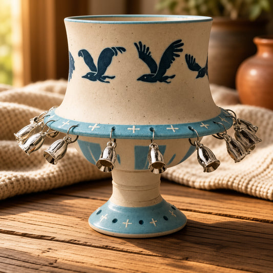 Hand-Stamped Bird Rotating Ceramic Chalice with Dangling Silver Bells