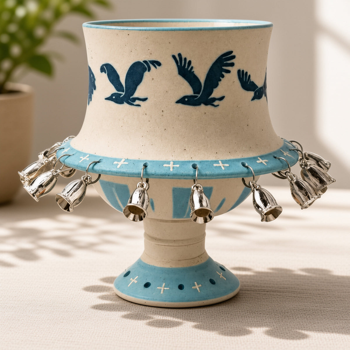 Hand-Stamped Bird Rotating Ceramic Chalice with Dangling Silver Bells