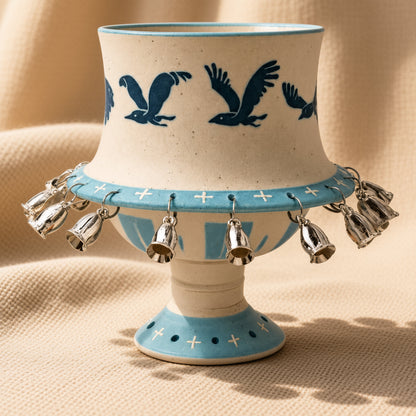 Hand-Stamped Bird Rotating Ceramic Chalice with Dangling Silver Bells