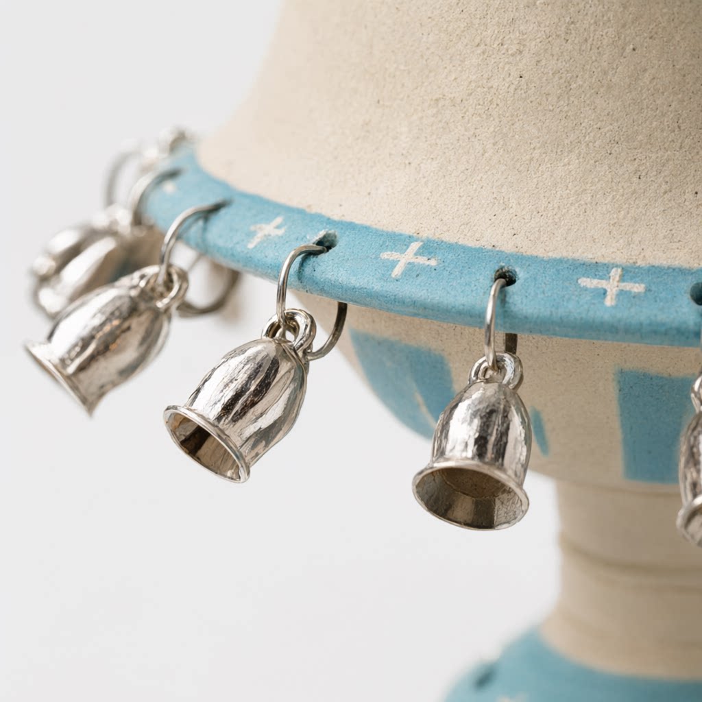 Hand-Stamped Bird Rotating Ceramic Chalice with Dangling Silver Bells