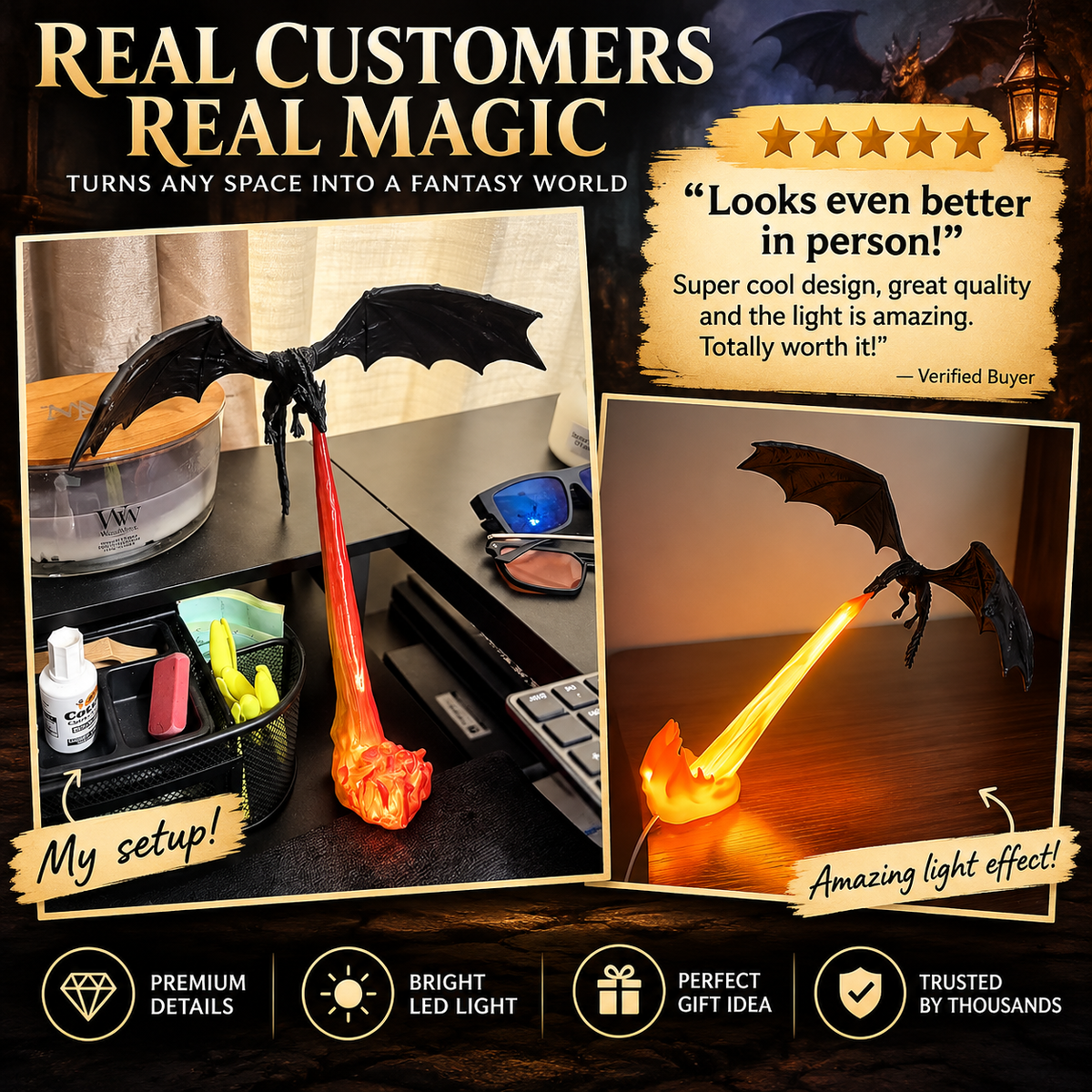 3D Printed Fire-Breathing Dragon Lamp – Magical Bookshelf Nook Decor Light
