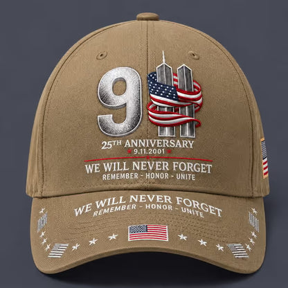 9/11 25th Anniversary We Will Never Forget Printed Memorial Baseball Cap