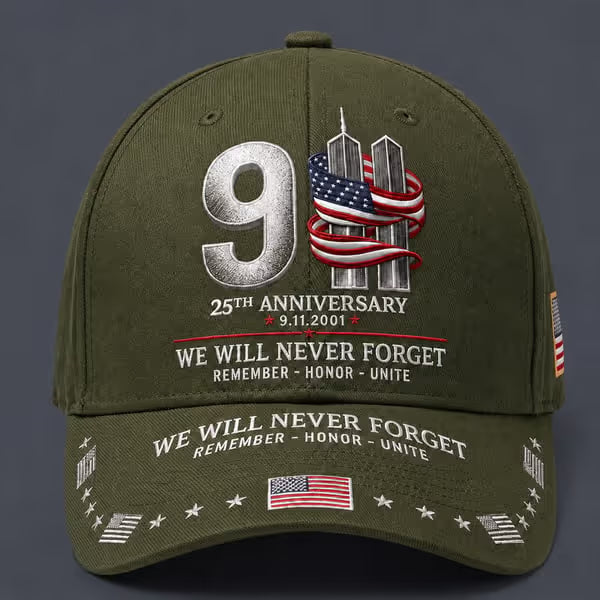 9/11 25th Anniversary We Will Never Forget Printed Memorial Baseball Cap
