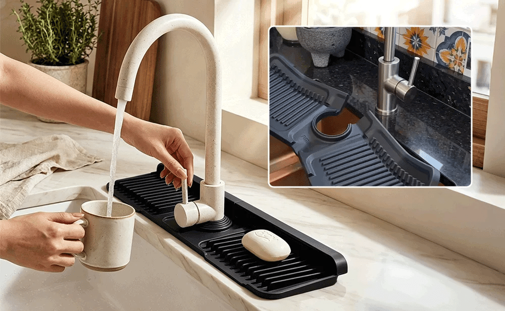 💧 Self-Draining Silicone Faucet Mat – Keep Your Countertop Clean & Dry