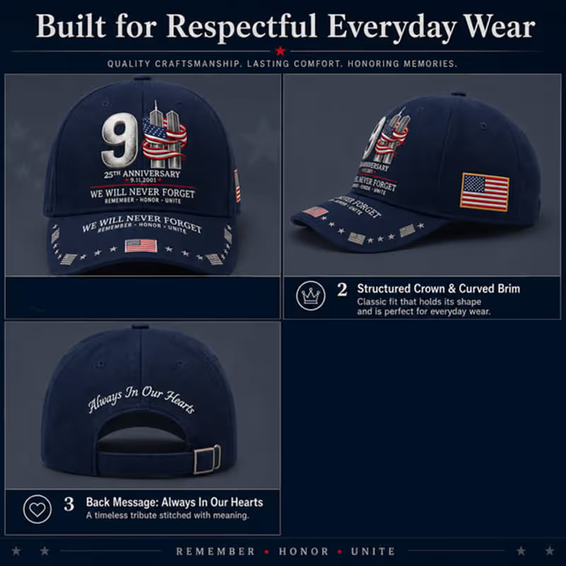 9/11 25th Anniversary We Will Never Forget Printed Memorial Baseball Cap