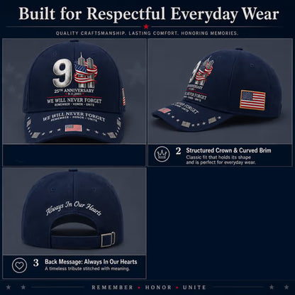 9/11 25th Anniversary We Will Never Forget Printed Memorial Baseball Cap