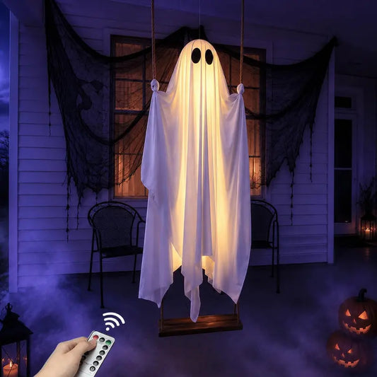 🎃5FT Light-Up Hanging Ghost Swing: Spooky Outdoor Halloween Decor