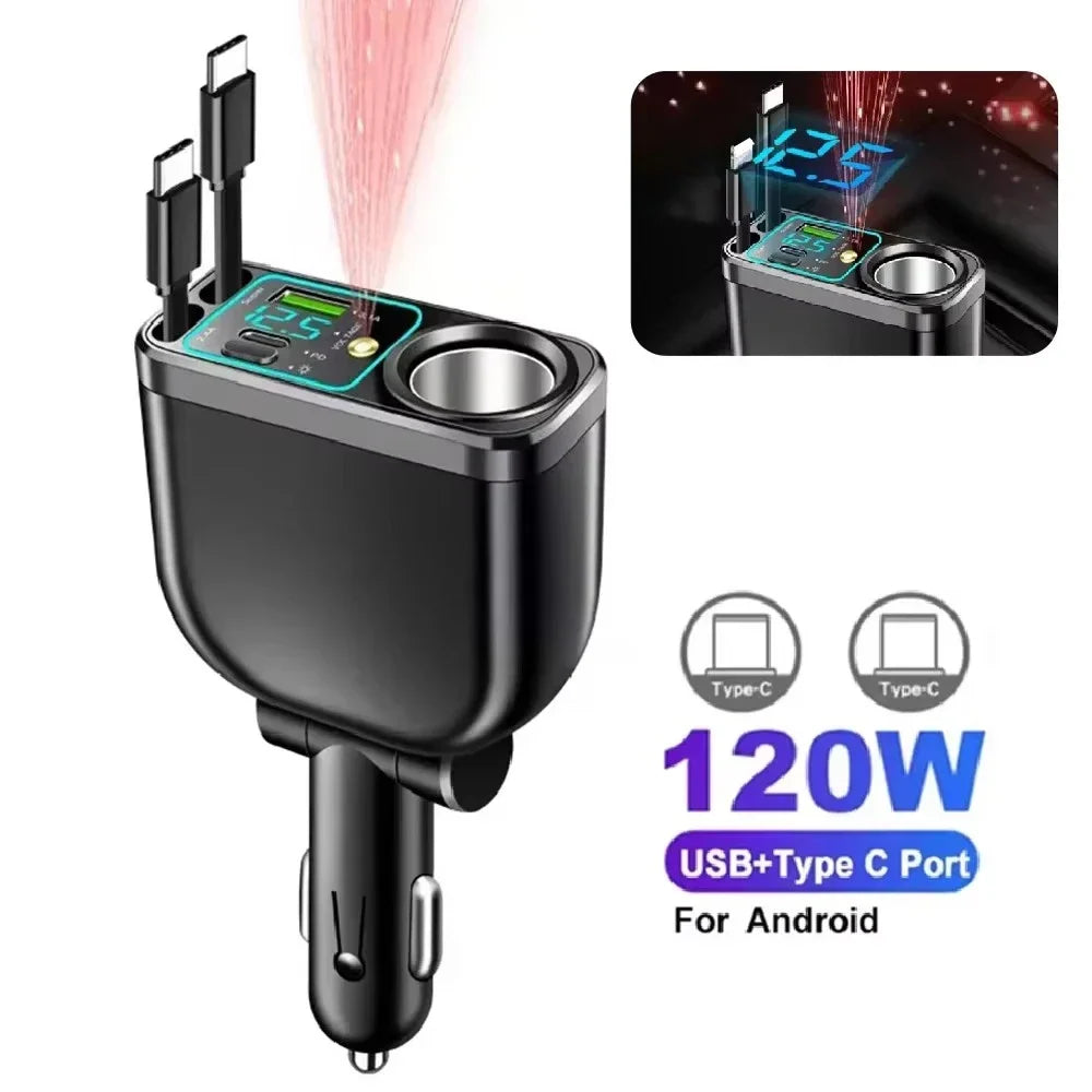 180W 7-in-1 Fast Car Charger with Retractable Cables