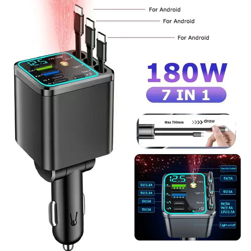 180W 7-in-1 Fast Car Charger with Retractable Cables