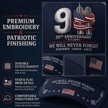 9/11 25th Anniversary We Will Never Forget Printed Memorial Baseball Cap