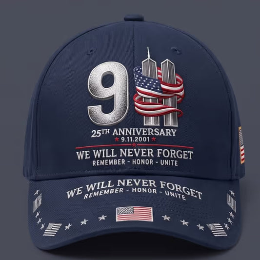 9/11 25th Anniversary We Will Never Forget Printed Memorial Baseball Cap