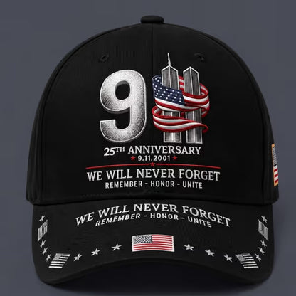 9/11 25th Anniversary We Will Never Forget Printed Memorial Baseball Cap