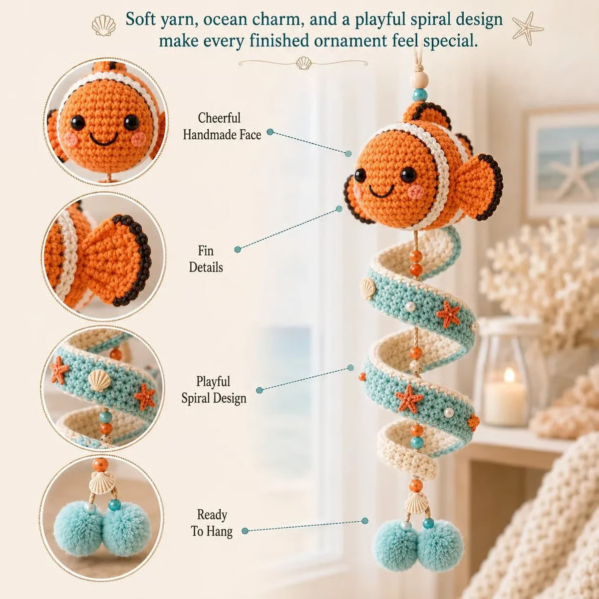 🌊Sea-animal themed crochet hanging kit (spiral) for beginners | Complete kit with all tools and step-by-step guide included💕 - 7