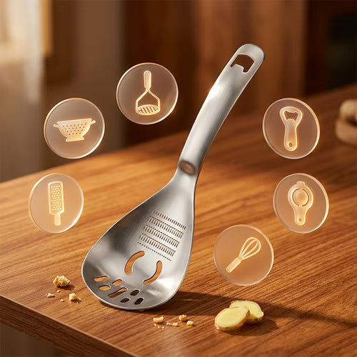 🔥6-in-1 Stainless Steel Cooking Spoon – Grate, Stir, Drain & Serve