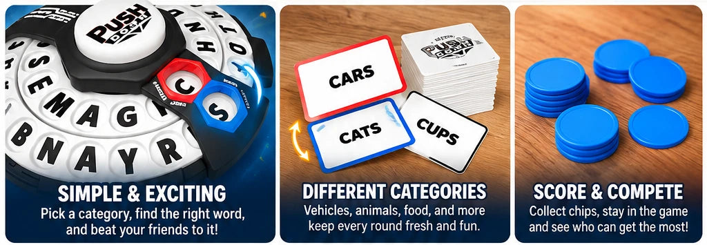Word game wheel category cards and game pieces